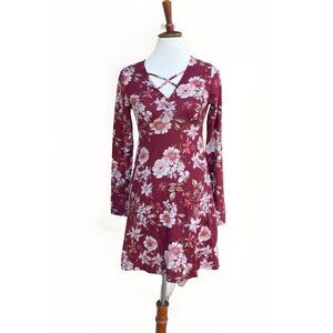 PLANET GOLD Women's Red Zinfandel Floral Long Sleeve Dress Size M Crisscross V-N
